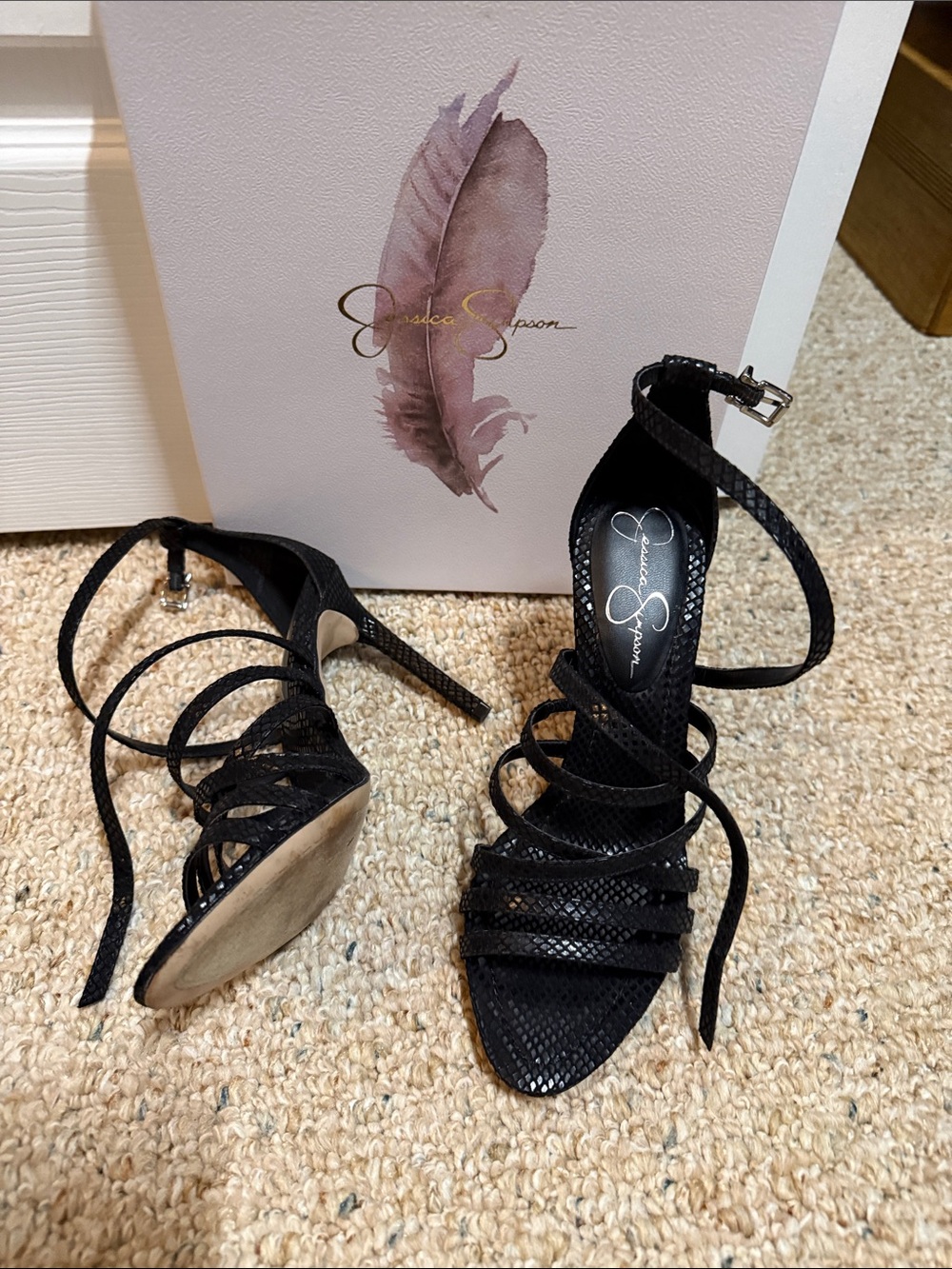 Jessica Simpson Black Snake-Texture Strappy Ankle Heels - Picture 2 of 3